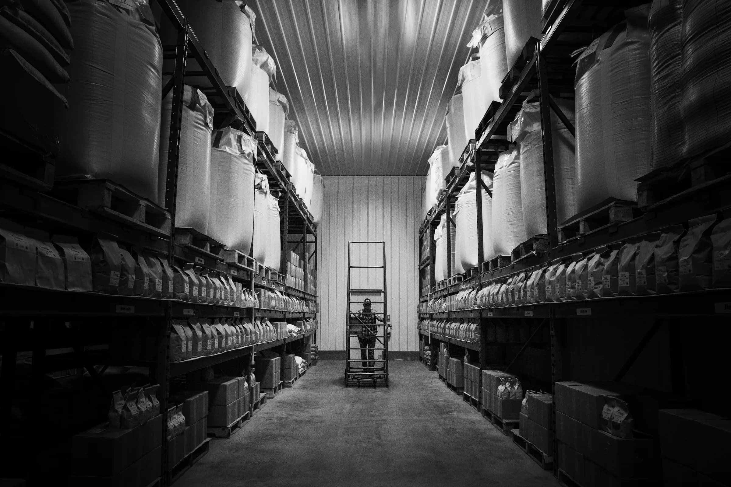 A warehouse filled with tall shelves of stacked boxes